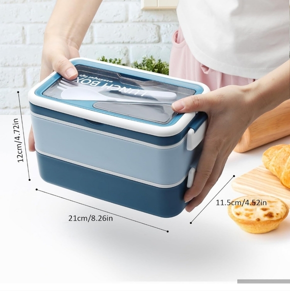 Stackable Lunch Box 1600ml 2 Layer Reusable Bento Box with Spoon & Fork - Picture 3 of 7
